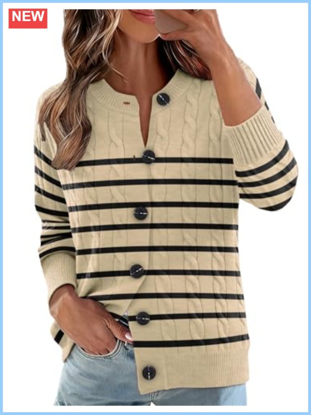 Womens Long Sleeve Cable Knit Button Down Cardigan Lightweight Crewneck Sweater
